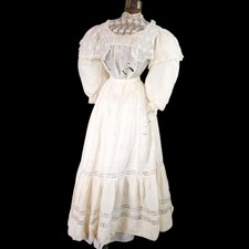 1910s Antique Edwardian 2 Pc Large Puff Sleeve Lace Cape Dress Gown White AS IS