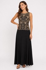 JKARA Beaded Formal Gown Black Gold Embellished Sleeveless Evening Dress Size 14