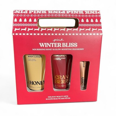 PINK  CHRISTMAS GIFT SET LOTION AND LIP OIL Winter Bliss Honey Cranberry NIB