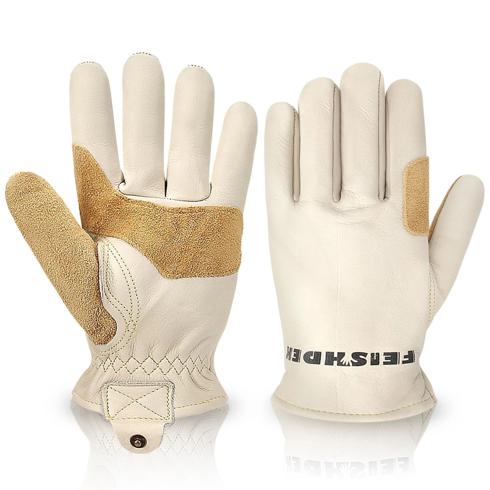 Waterproof Winter Work Gloves, Cowhide Leather, White & Tan, Cold Weather Pro...