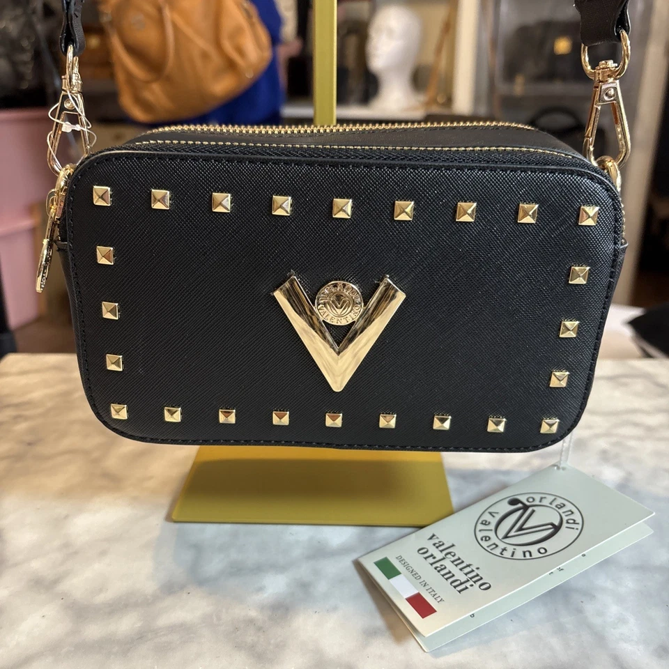 Valentino Orlandi black studded crossbody bag with gold-tone hardware. - Image 2 of 4