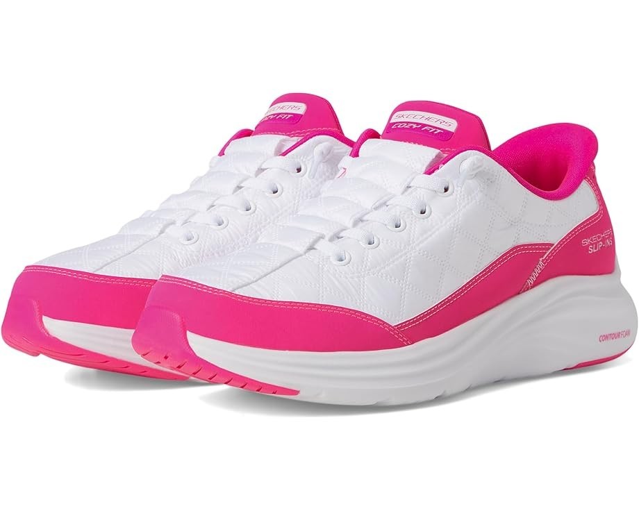 Skechers Women's Contour Foam-Cozy Fit Hands Free Slip-Ins White Hot Pink Medium