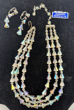 Crystal Aurora Borealis Necklace, 3 String, Clasp Earings, 1950's Vintage