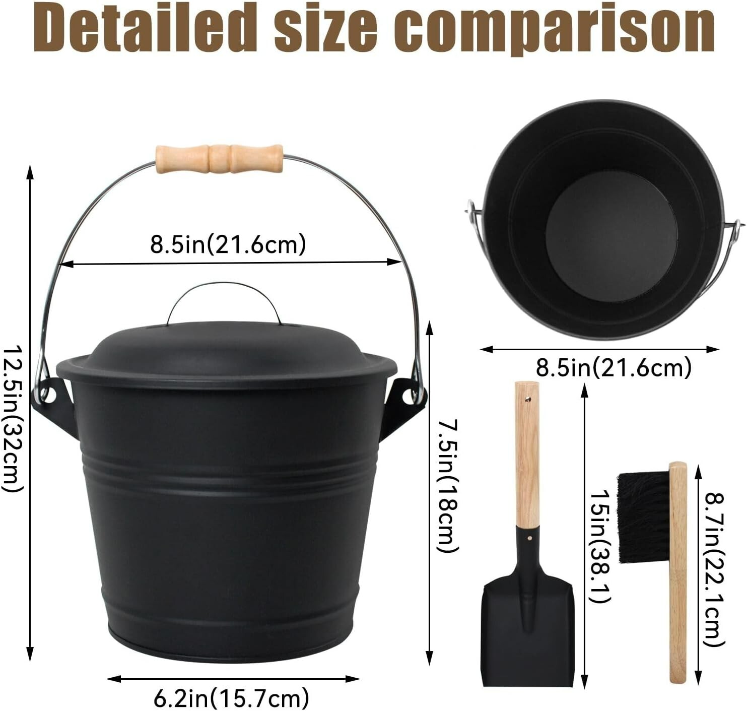 Black Metal Fireplace Ash Bucket With Shovel Lid Cover Fire Pits Stove