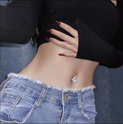 Belly Button Butterfly Lower Dangle Navel 925 Sterling Silver Clear Zirconian