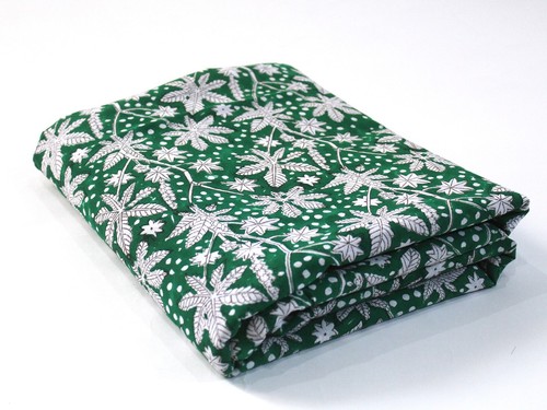 5 Yard Green White Floral Hand Block Printed Cotton Fabric Dressmaking Craft