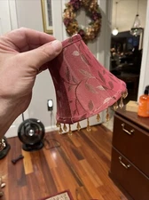 2 Set Burgundy Gold Leaf Jacquard Bead Fringe Small Clip On Lamp Shades -5x6x3