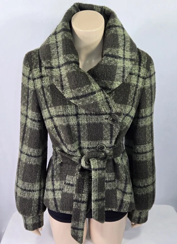 Max Mara Cropped Angora Wool Blend Belted Peacoat Jacket, Button Front, Green, S