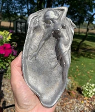 1900s French Art Nouveau Silver Relief Tray Dish Nude Woman Lady Ashtray Goddess
