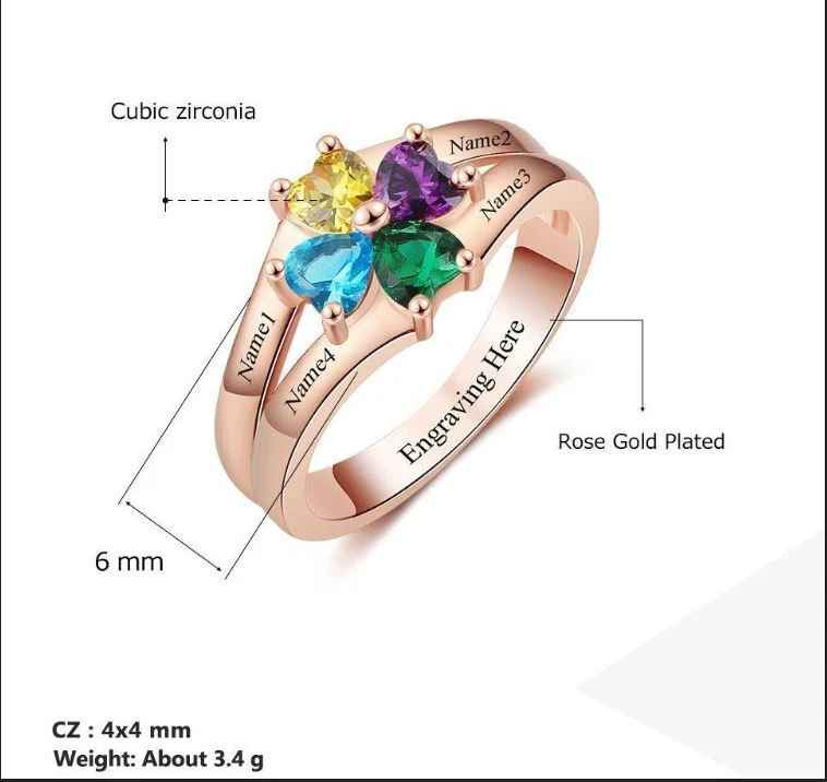 Anillo de madre con 4 corazones piedra de nacimiento oro 14k diseño de flores 4 nombres grabados Foto 4 de 4