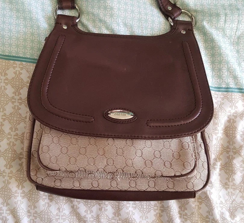 OROTON Leather Monogram Hobo Brown Shoulder Satchel Bag Crossbody Handbag B5