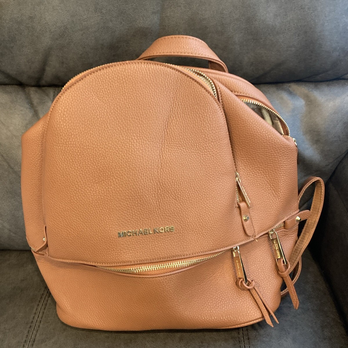 Michael Kors Rhea Brown Pebbled Leather Backpack Gold Tone Medium Bag