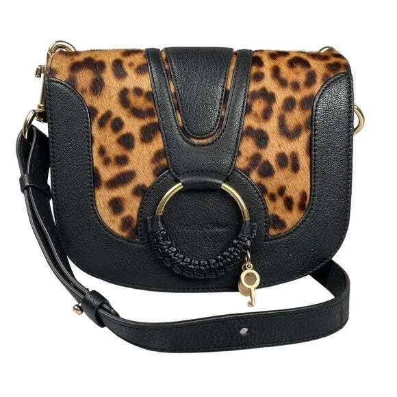 See By Chloe Calf Hair Cheetah Black Leather Satchel Flap Crossbody Strap Purse