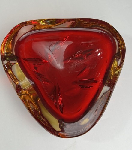 Vintage Red Yellow Murano Heavy Cigar Ashtray Art Glass Dish Italy ❤️ - Picture 2 of 13