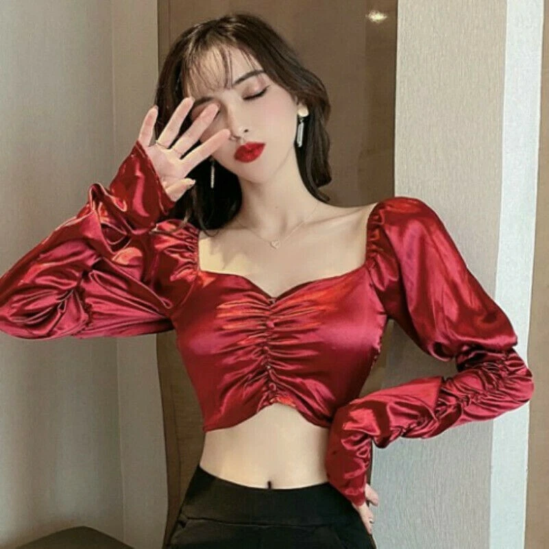 Lady Faux Silk Satin Shirt Blouse Crop Top Off Shoulder Puff