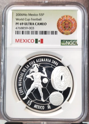 2006 MEXICO SILVER 5 PESOS WORLD CUP FOOTBALL NGC PF 69 ULTRA CAMEO GEM PROOF