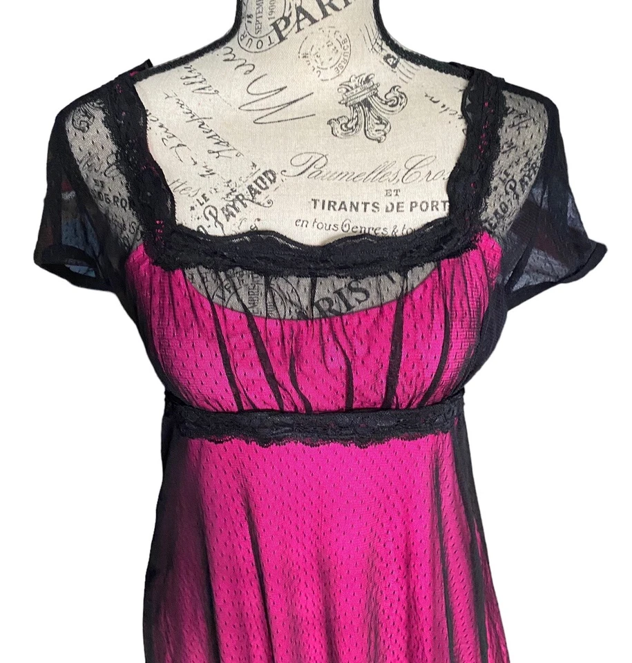 Delias Babydoll Mini Dress Hot Pink Black Sheer Mesh Whimsigoth Y2K 90s Retro - Image 2 of 4