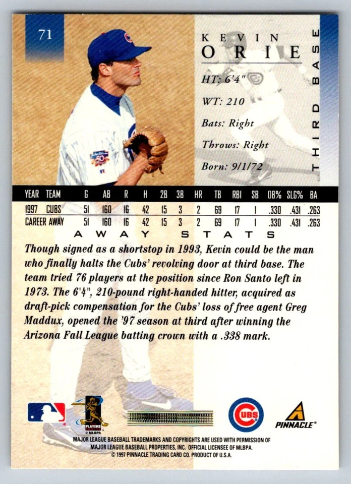 1998 Pinnacle #71 Kevin Orie Chicago Cubs - Image 2 of 2