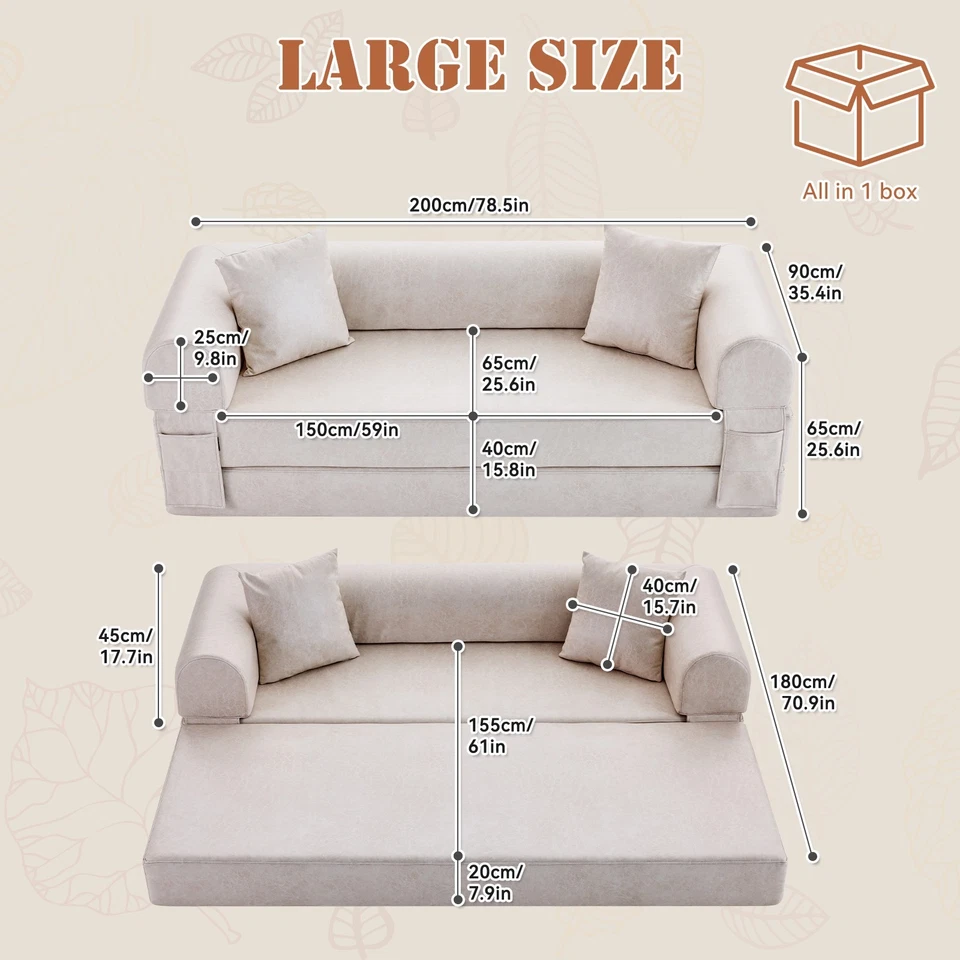 Sofá cama convertible, sofá futón sofá loveseat de cuero sintético con bolsillo de almacenamiento lateral Foto 2 de 4