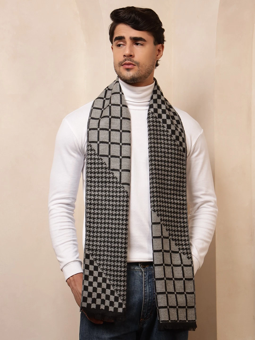 Winter Men 100% Cashmere Checks Scarves Wool Indian Made Plaid Scarf Black Wrap