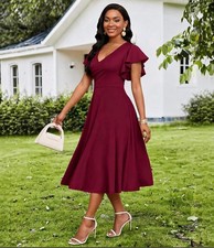 Women's Cocktail Midi Dress Elegant V Neck Ruffle Short Sleeve Wrap Wedding 2XL