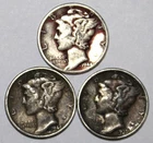 (3) Mercury Dimes - Extra Fine - Dark -1939P 1944D 1944P - #1569ED FREE SHIPPING