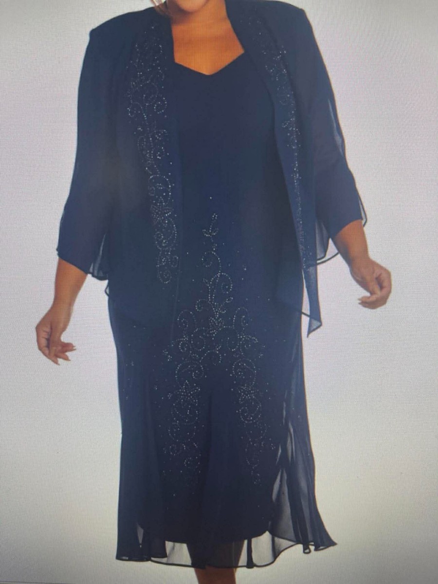 R & M Richards Evening Gown Women's 22W Beaded Navy Blue w/Sheer Beaded Jacket R & M Richards Evening Gown Women's 22W Beaded Navy Blue w/Sheer Beaded Jacket