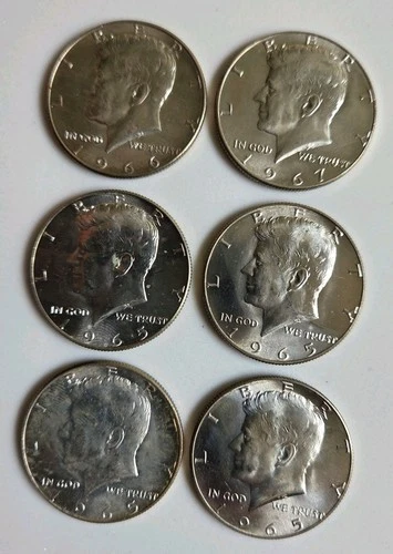 Kennedy Half Dollar 6 Coin Lot 40% Silver (4) 1965, 1966 & 1967 Uncirculated