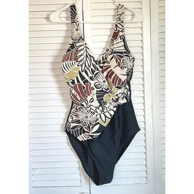 Ocean Dream Women Swimsuit 16 One Piece Black Floral Wrap Ring Detail