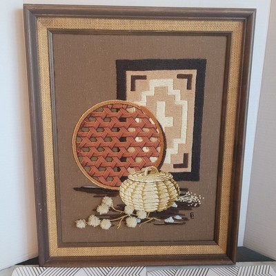 Indian Heritage Picture Fiber Art Woven Basket WoolYarn Stitched Fabric 21x17