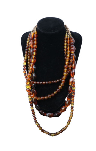 Vintage Multi Strand Amber Brown Beaded Necklace Long Layered Statement Necklace