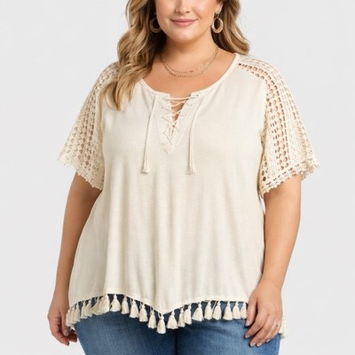 Cato Ivory Lace Sleeve Blouse Fringe Hem Boho Plus 22W/24W Top