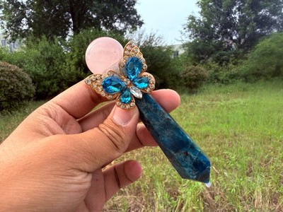 Rose Quartz Sphere Blue Apatite Butterfly Wand Handmade Crystal Scepter Ornment