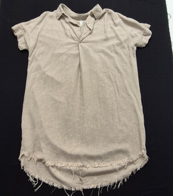Zenana tan linen blend frayed hem tunic dress/top SM shirt collared v-neck