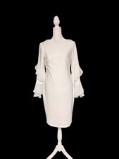 Calvin Klein White Ruffle Sleeve Sheath Dress Size 8 Stretch Lined 