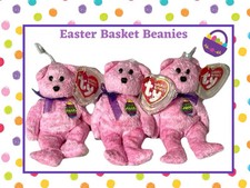 3 TY Basket Beanie Babies - EGGS the Bear  5 inch - New With Tags Pink