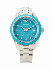 Emporio Armani Damen Armbanduhr Quarz Edelstahl silber/blau Analog rund …