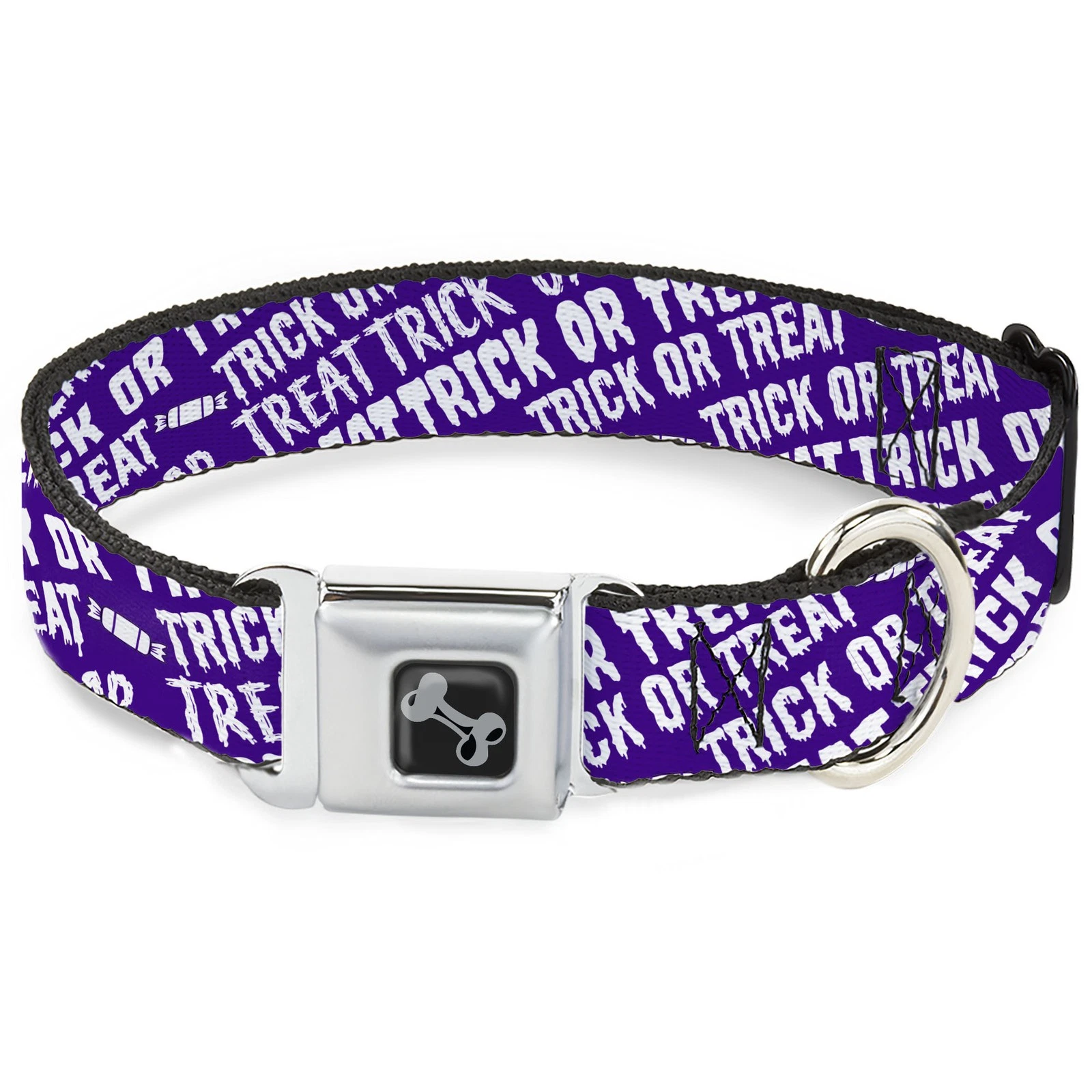 Dog Collar Bone TRICK OR TREAT Text Collage Purple/White Small 9.5-13"