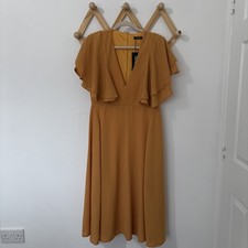 BNWT BOOHOO Yellow Mustard Ruffle V-Neck Midi Dress, Size 14