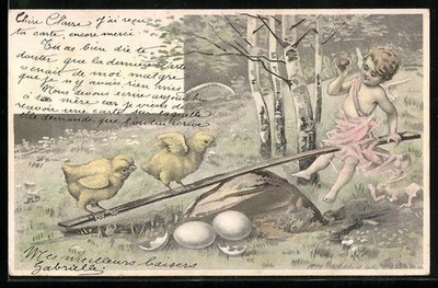 Ansichtskarte Osterengel schaukelt auf einer Wippe mit Küken 1904 