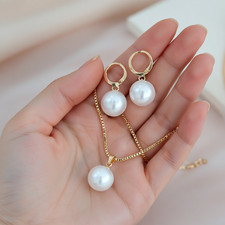Faux Pearl Pendant Necklace Earrings Set Women/Girl 14K Gold Plated Jewelry Gift