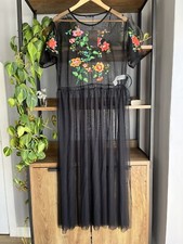 Zara Mesh Midi Dress M / UK 10 - 12 Sheer Black Floral Embroidered New with Tags