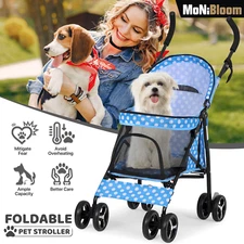 Foldable Pet Stroller 4 Wheels Breathable Dog Stroller w/Skylight&Storage Basket