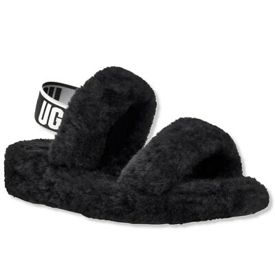 UGG OH YEAH SLIDE Sheepskin Slide Black Soft Slipper w/ UGG