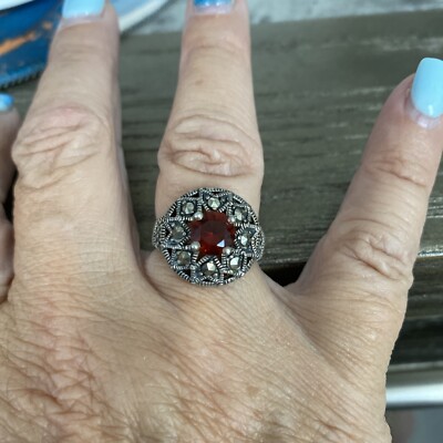 Vintage Sterling Silver Marcasite Red Stone Round Ring Size