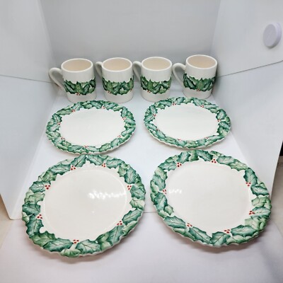 Vintage Neiman Marcus Holiday Christmas Holly 4 Mugs & 4 Plates