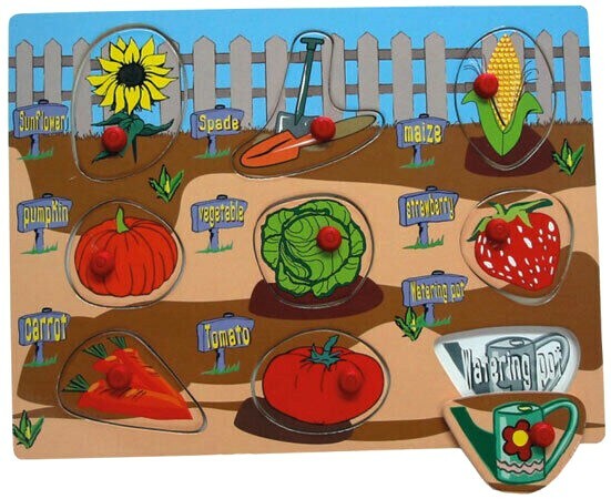 Wooden Peg Puzzle, Garden. Pumpkin, watering can, carrots, spade and more