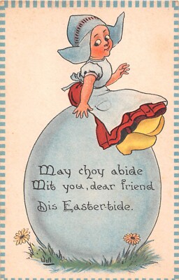 Cute Little Dutch Girl Sitting On Top Of Huge Blue Egg-Old Easter PC-Artist Wall