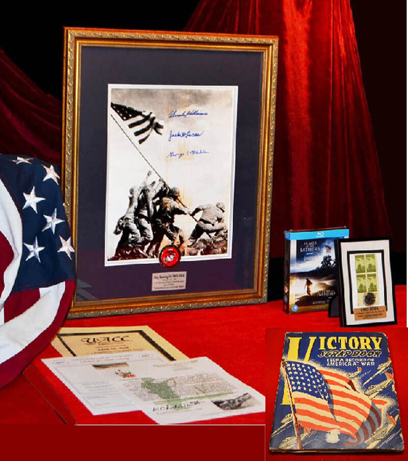 Signed IWO JIMA Autographs, 3 MOH, WWII SCRAPBOOK, DVD, FRAME, COA