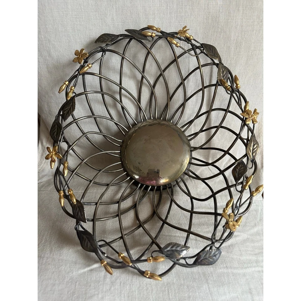 "Cesta de frutas de metal chapada en plata Godinger vintage flores hojas vid 12""" Foto 2 de 4